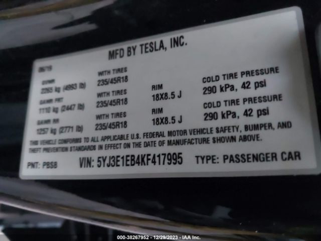 5YJ3E1EB4KF417995 Tesla Model 3 Long Range/performance
