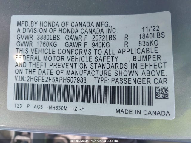Honda Civic Sport 2023 2HGFE2F5XPH507988 Image 9