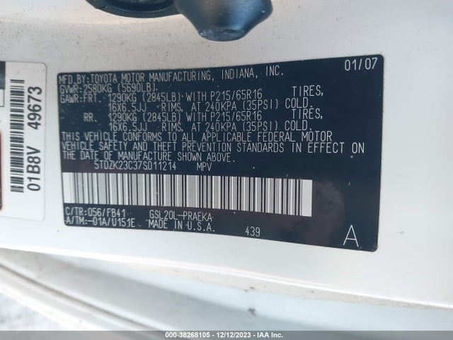 2007 TOYOTA SIENNA CE VIN: 5TDZK23C37S011214