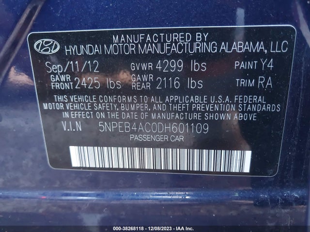 2013 HYUNDAI SONATA GLS VIN: 5NPEB4AC0DH601109