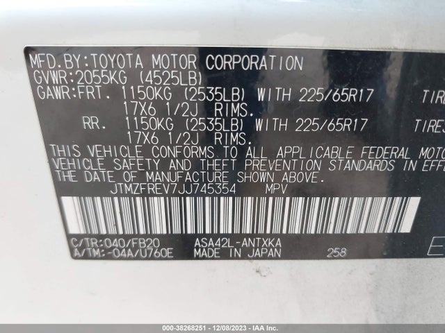 2018 TOYOTA RAV4 LE VIN: JTMZFREV7JJ745354