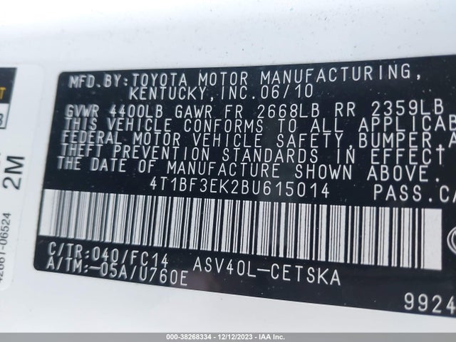 2011 TOYOTA CAMRY SE VIN: 4T1BF3EK2BU615014