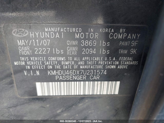 2007 HYUNDAI ELANTRA LIMITED/GLS/SE VIN: KMHDU46DX7U231574