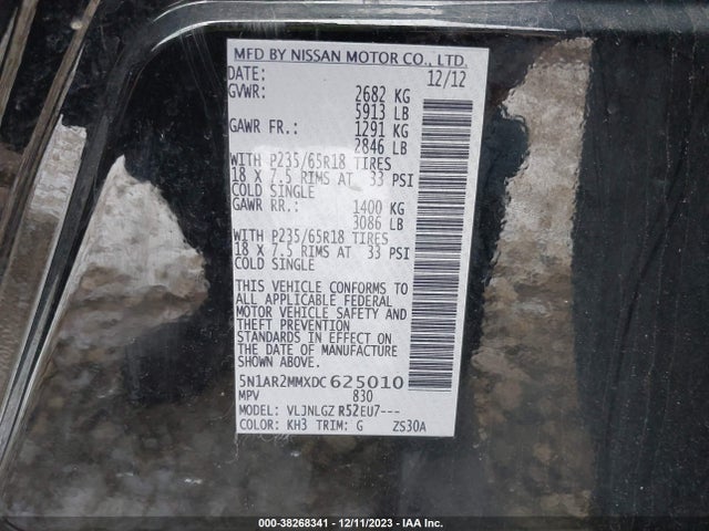 2013 NISSAN PATHFINDER SL VIN: 5N1AR2MMXDC625010