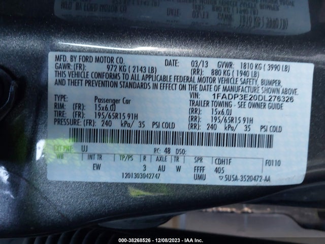 2013 FORD FOCUS S VIN: 1FADP3E20DL276326