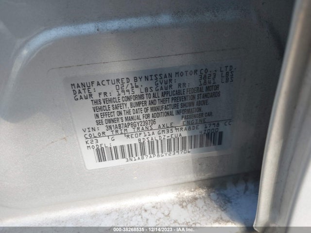 2016 Nissan Sentra Sv მანქანა იყიდება აუქციონზე, vin: 3N1AB7AP8GY239706, აუქციონის ნომერი: 38268535