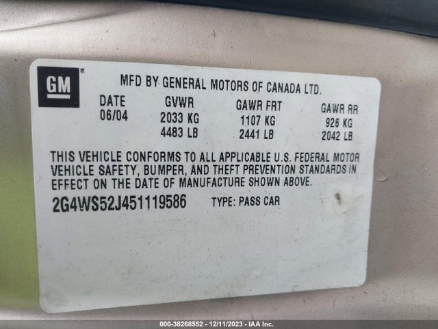 2005 BUICK CENTURY CUSTOM VIN: 2G4WS52J451119586