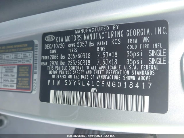2021 KIA SORENTO S VIN: 5XYRL4LC6MG018417