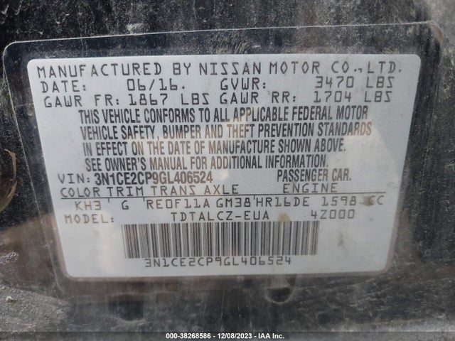 2016 NISSAN VERSA NOTE S PLUS VIN: 3N1CE2CP9GL406524