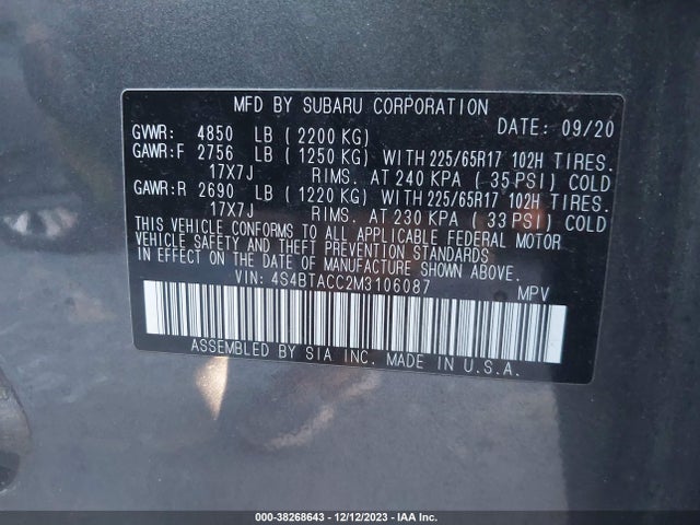 2021 SUBARU OUTBACK PREMIUM VIN: 4S4BTACC2M3106087