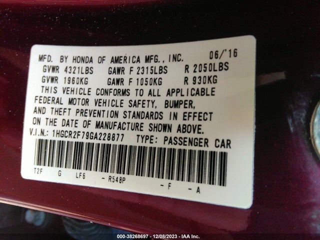 Honda ACCORD EX 2016 1HGCR2F79GA228877 Image 9