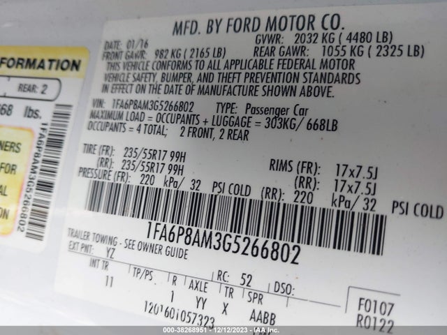 2016 FORD MUSTANG V6 VIN: 1FA6P8AM3G5266802