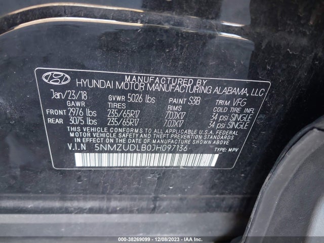 2018 HYUNDAI SANTA FE SPORT 2.4L VIN: 5NMZUDLB0JH097136