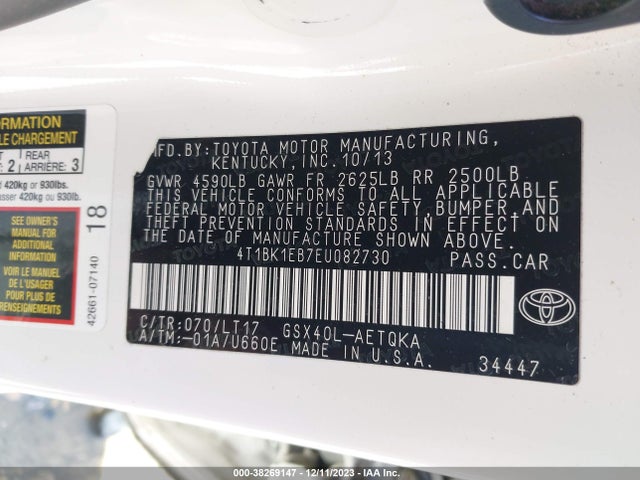 2014 TOYOTA AVALON XLE TOURING VIN: 4T1BK1EB7EU082730