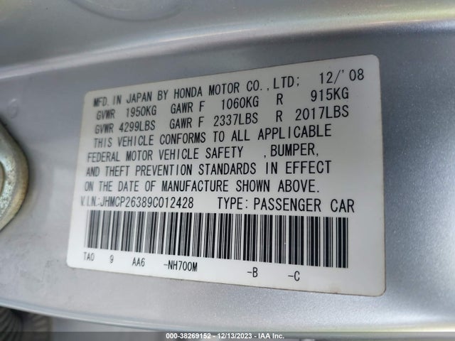 2009 HONDA ACCORD 2.4 LX VIN: JHMCP26389C012428