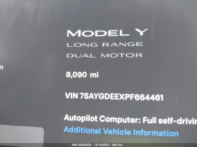 2023 TESLA MODEL Y AWD/LONG RANGE DUAL MOTOR ALL-WHEEL DRIVE VIN: 7SAYGDEEXPF664461