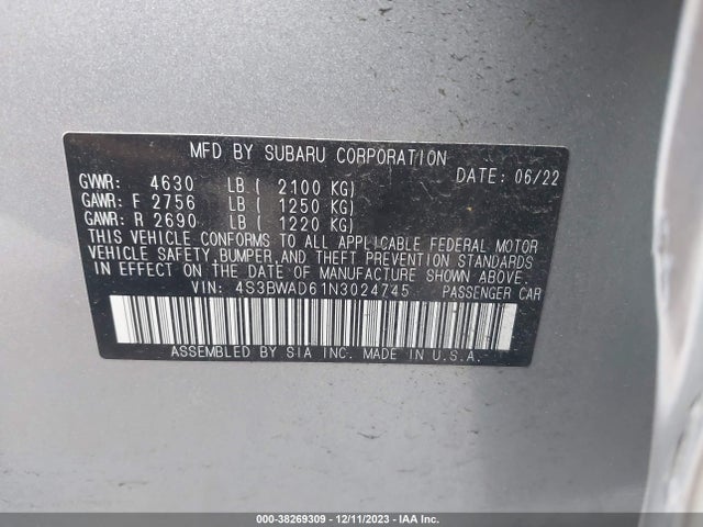 2022 SUBARU LEGACY PREMIUM VIN: 4S3BWAD61N3024745