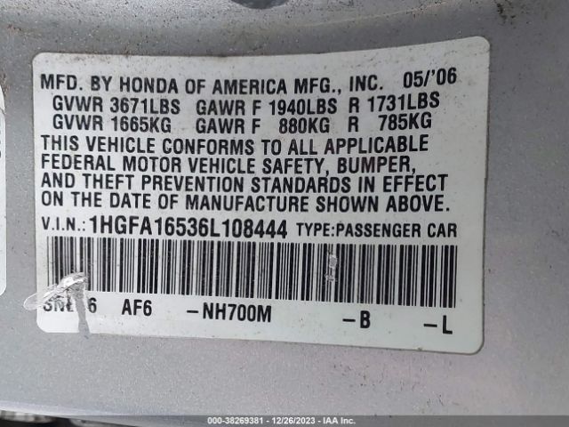 2006 HONDA CIVIC SDN 1HGFA16536L108444 Photo 8
