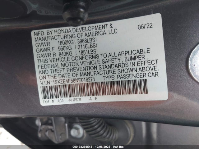 Honda INSIGHT EX 2022 19XZE4F58NE016271 Image 9