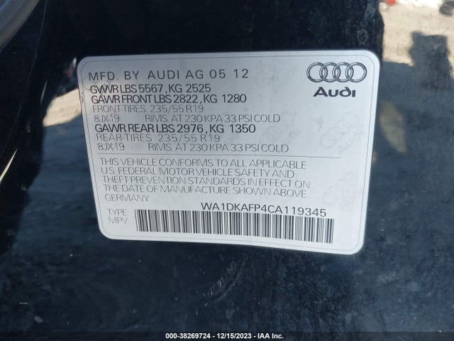 Aukcja sprzedaży 2012 Audi Q5 3.2 Premium Plus, vin: WA1DKAFP4CA119345, numer aukcji: 38269724