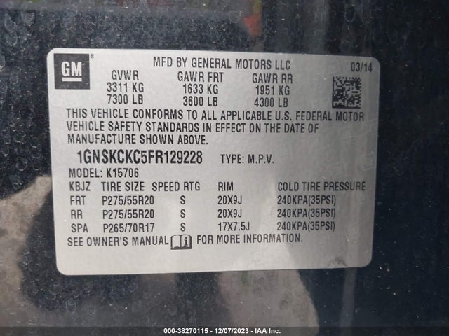 Chevrolet Tahoe Ltz 2015 1GNSKCKC5FR129228 Image 9