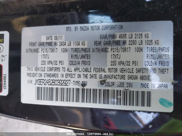 2011 MAZDA CX-7 I SV VIN: JM3ER2A52B0392927