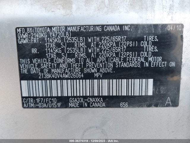2010 TOYOTA RAV4 BASE V6 VIN: 2T3BK4DV4AW026064