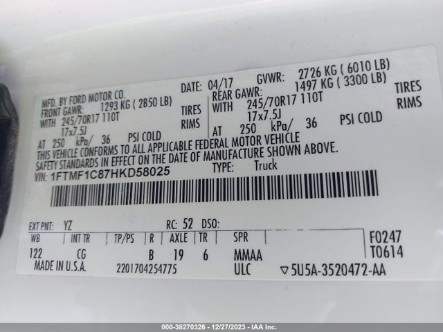 Ford F-150 Xl 2017 1FTMF1C87HKD58025 Image 9