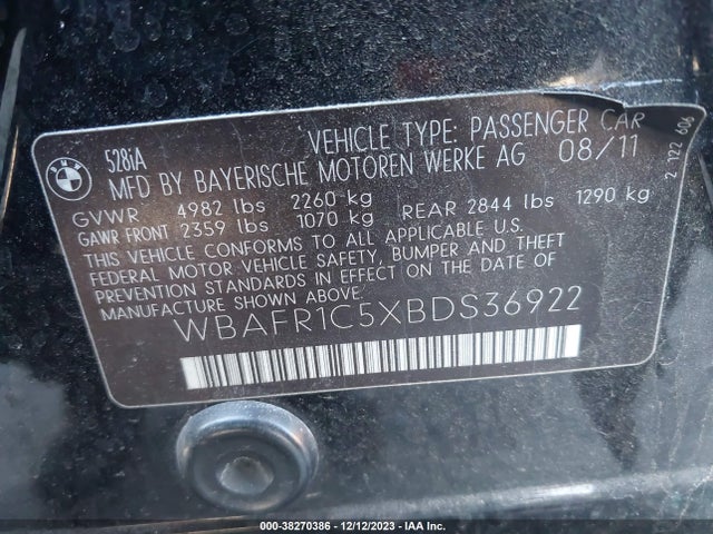 2011 BMW 528I VIN: WBAFR1C5XBDS36922