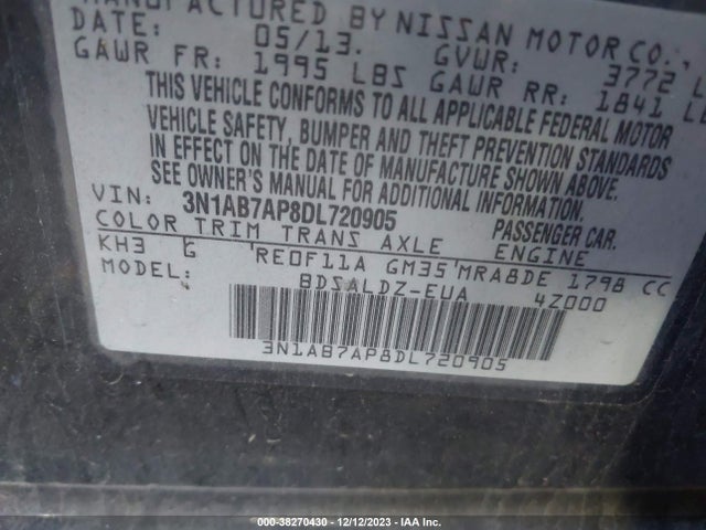 2013 NISSAN SENTRA SV VIN: 3N1AB7AP8DL720905