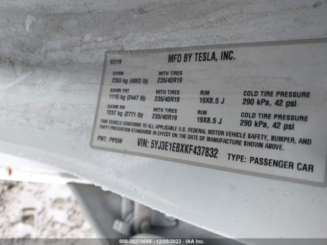 5YJ3E1EBXKF437832 Tesla Model 3 Long Range/performance