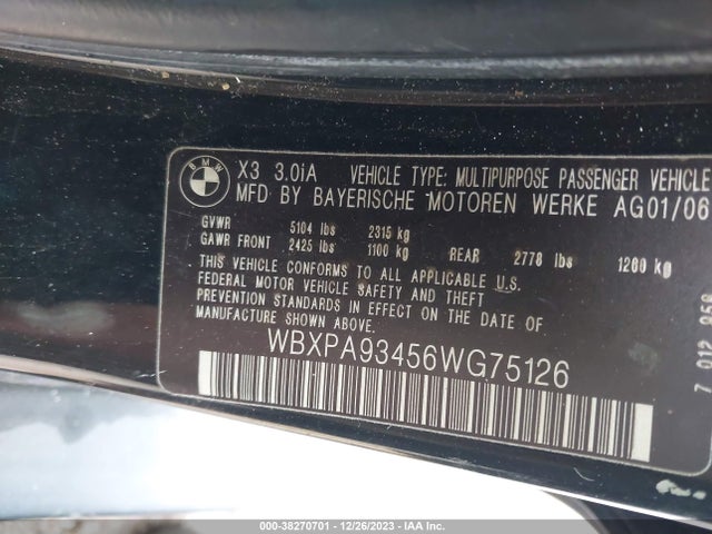 2006 BMW X3 3.0I VIN: WBXPA93456WG75126