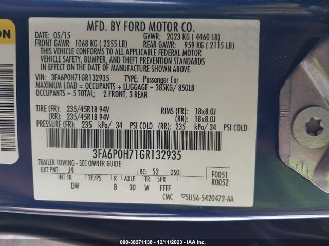 2016 FORD FUSION SE VIN: 3FA6P0H71GR132935