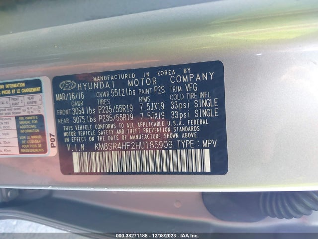 Hyundai Santa Fe Limited Ultimate 2017 KM8SR4HF2HU185909 Image 9
