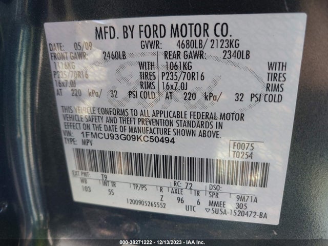 2009 FORD ESCAPE XLT VIN: 1FMCU93G09KC50494