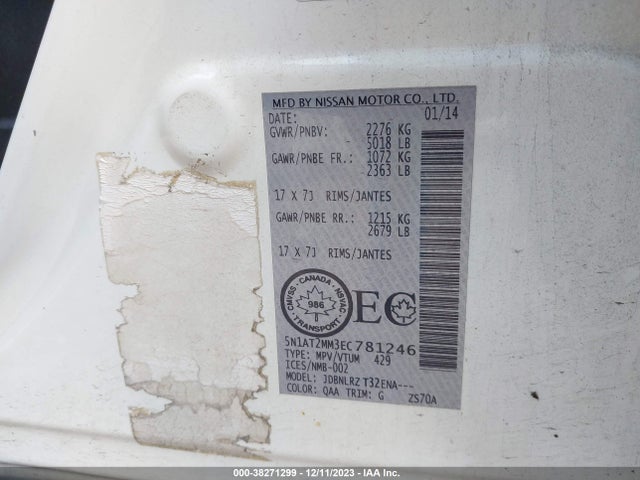2014 NISSAN ROGUE S/SL/SV VIN: 5N1AT2MM3EC781246