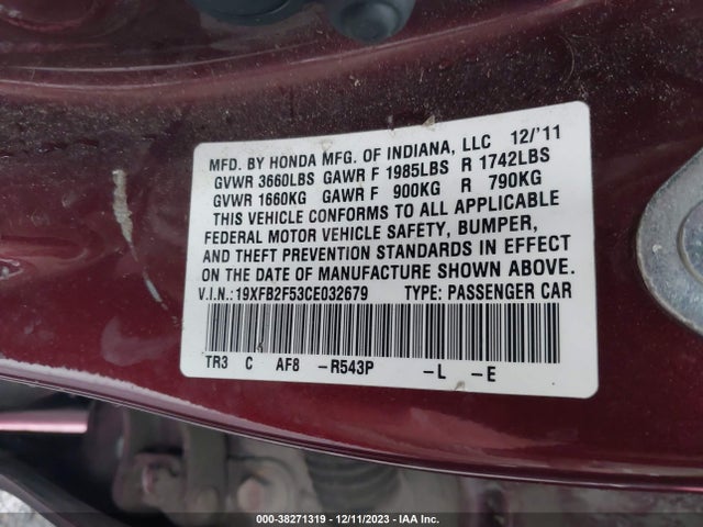 2012 HONDA CIVIC SDN LX VIN: 19XFB2F53CE032679