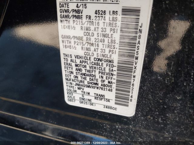 JN8AS5MVXFW762148 Nissan Rogue Select S