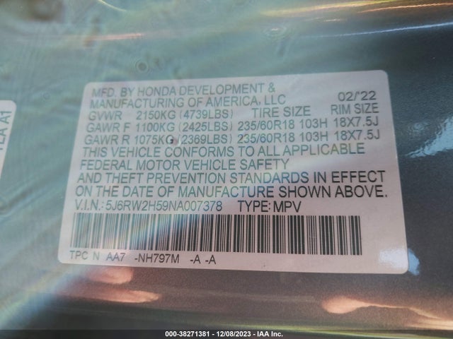 Honda Cr-v Awd Ex 2022 5J6RW2H59NA007378 Image 9