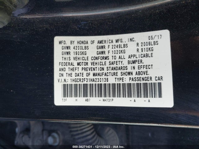 Honda ACCORD LX 2017 1HGCR2F31HA230136 Image 9