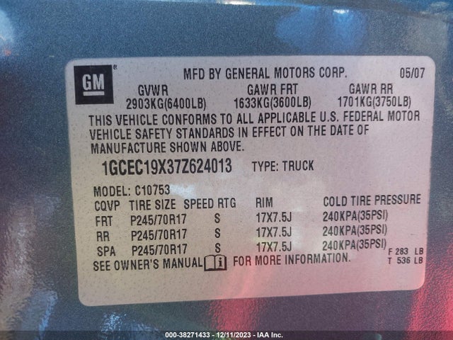 2007 CHEVROLET SILVERADO 1500 WORK TRUCK VIN: 1GCEC19X37Z624013