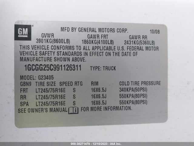 2009 CHEVROLET EXPRESS 2500 WORK VAN VIN: 1GCGG25C991126311