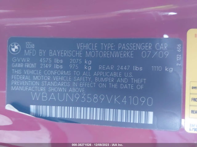 2009 BMW 135I VIN: WBAUN93589VK41090