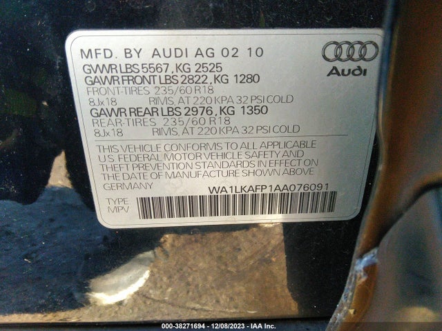2010 AUDI Q5 3.2 PREMIUM VIN: WA1LKAFP1AA076091