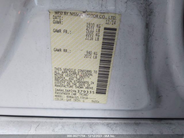 1N4AL3AP2FN379335 Nissan Altima 2.5/2.5 S/2.5 Sl/2.5 Sv
