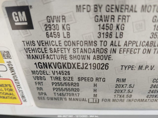 Chevrolet Traverse 1lt 2014 1GNKVGKDXEJ219026 Image 9