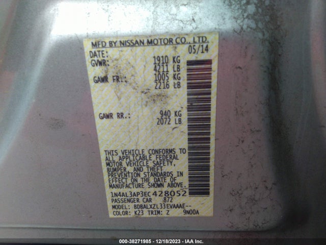 2014 NISSAN ALTIMA 2.5 SL VIN: 1N4AL3AP3EC428052