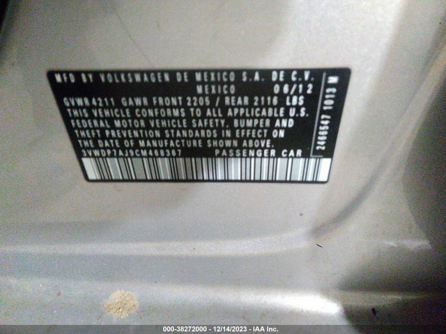 2012 VOLKSWAGEN JETTA SE W/CONVENIENCE SUNROOF PZEV VIN: 3VWDP7AJ9CM468367