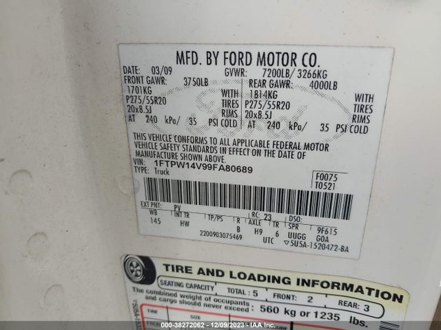2009 FORD F-150 LARIAT VIN: 1FTPW14V99FA80689