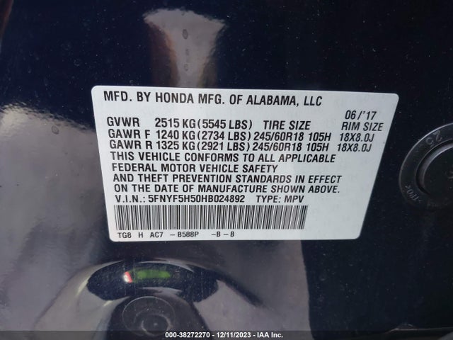 Honda Pilot Ex-l 2017 5FNYF5H50HB024892 Image 9